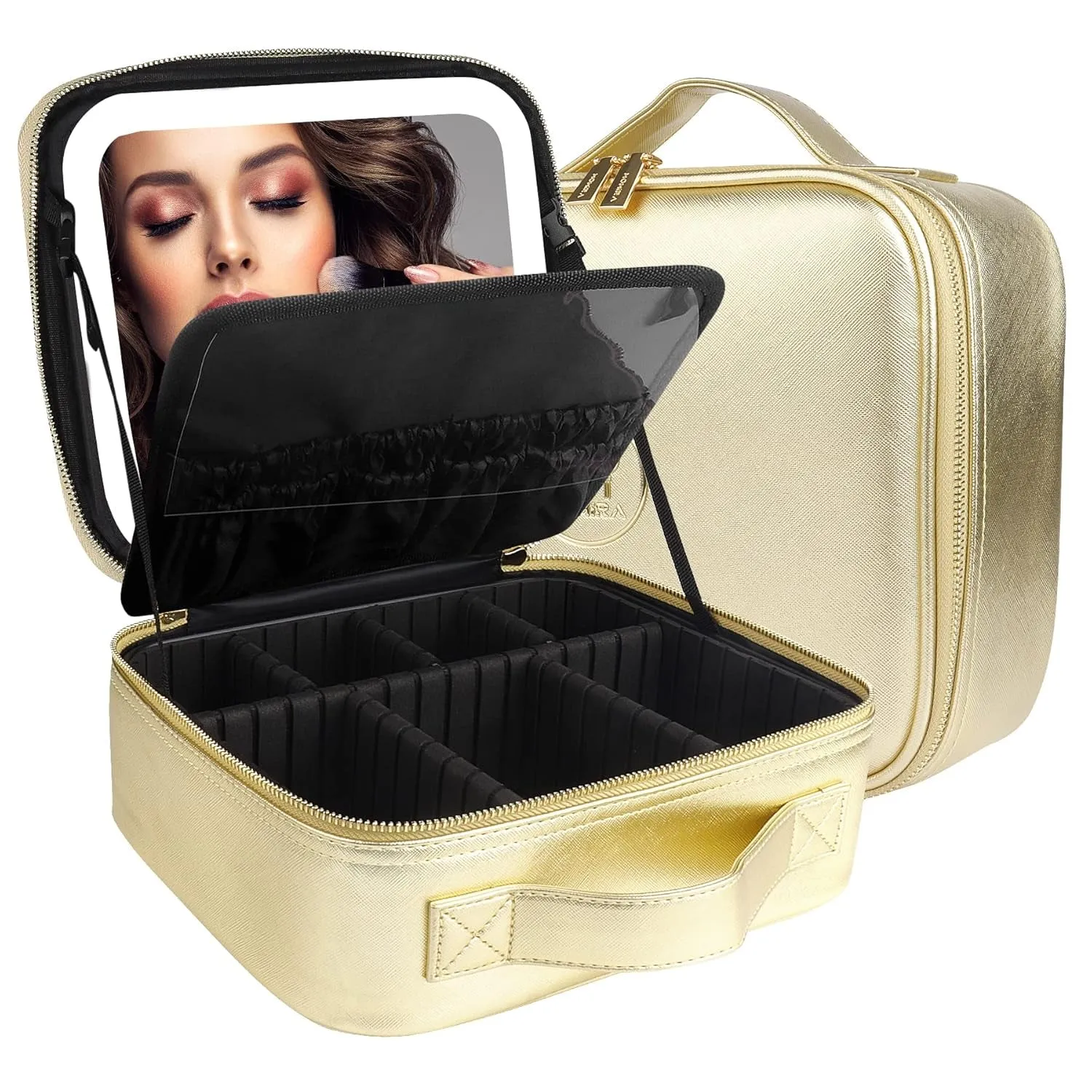 Makeup Bag with Mirror and Light Travel Makeup Train Case Cosmetic Organizer Portable Artist Storage Bag with Adjustable Dividers Makeup Brushes Storage Organizer Black