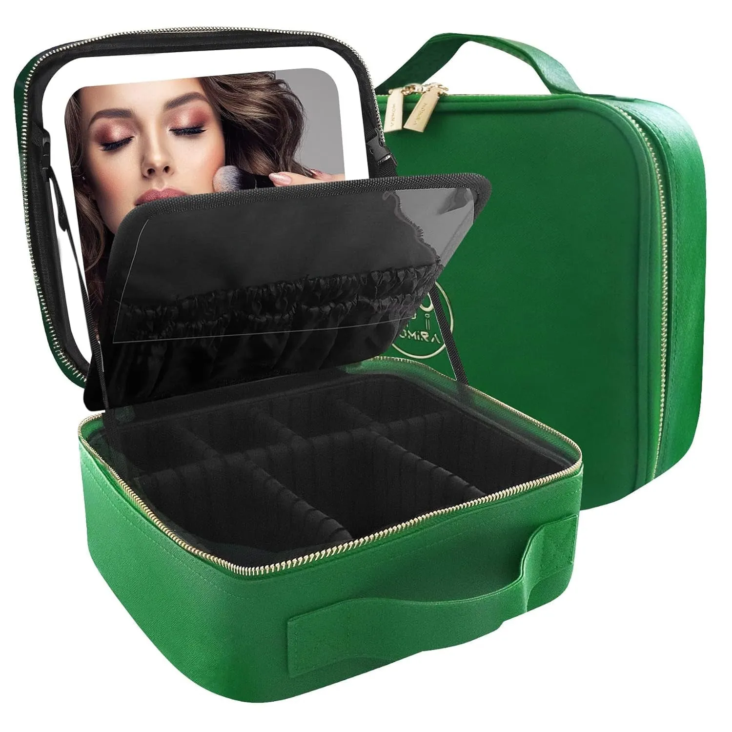 Makeup Bag with Mirror and Light Travel Makeup Train Case Cosmetic Organizer Portable Artist Storage Bag with Adjustable Dividers Makeup Brushes Storage Organizer Black
