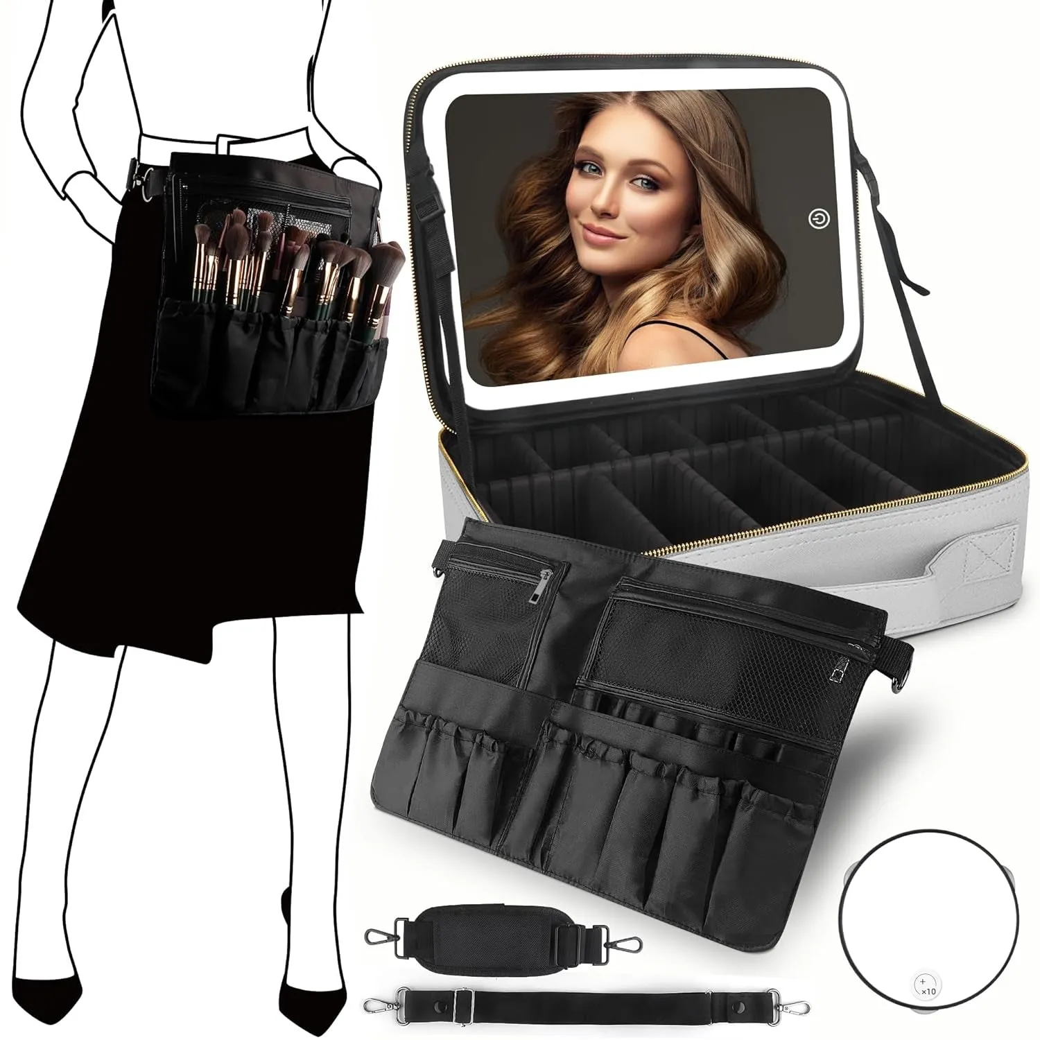Makeup Bag with Mirror and Light Travel Makeup Train Case Cosmetic Organizer Portable Artist Storage Bag with Adjustable Dividers Makeup Brushes Storage Organizer Black