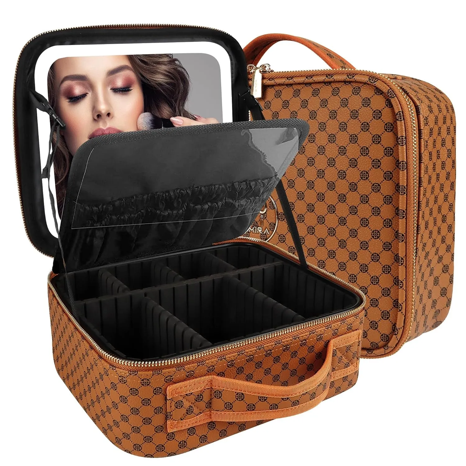 Makeup Bag with Mirror and Light Travel Makeup Train Case Cosmetic Organizer Portable Artist Storage Bag with Adjustable Dividers Makeup Brushes Storage Organizer Black