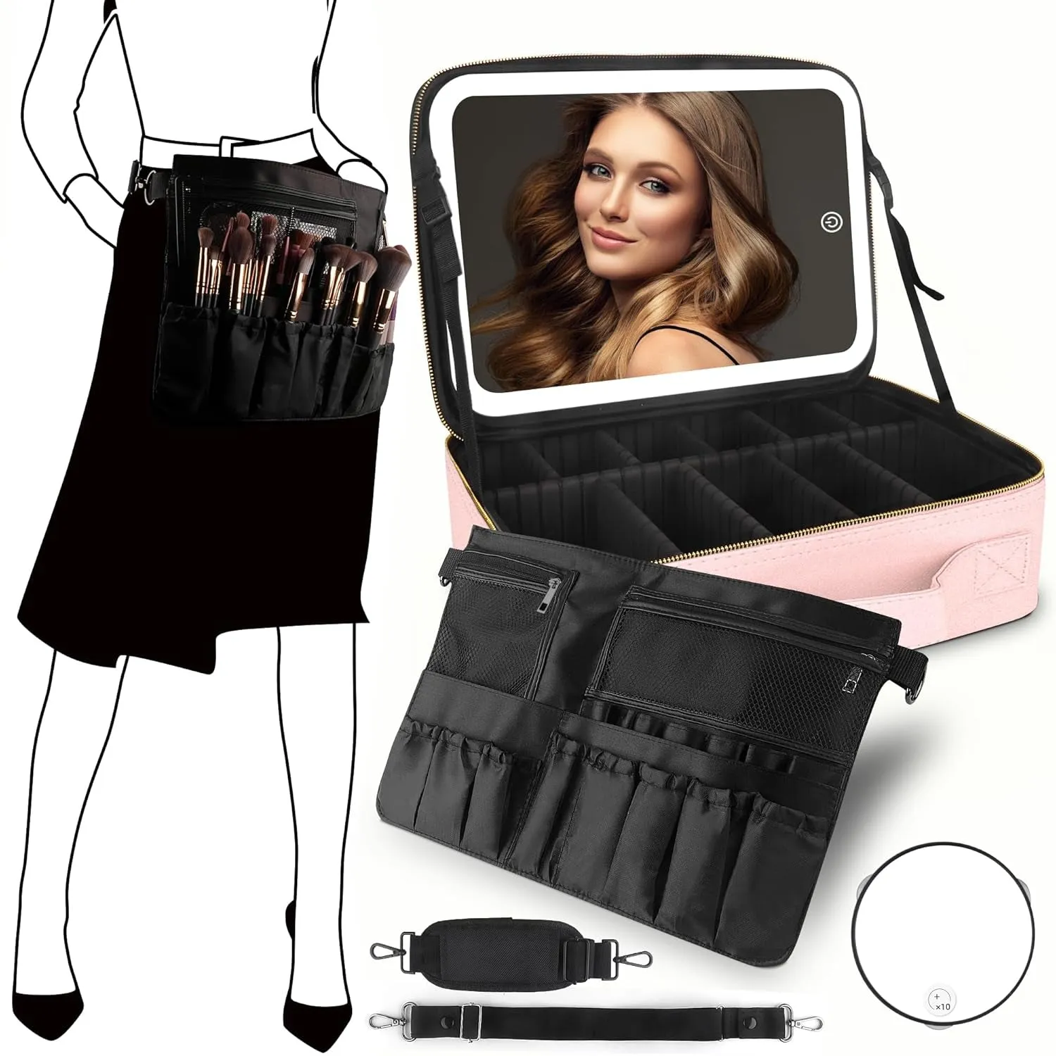 Makeup Bag with Mirror and Light Travel Makeup Train Case Cosmetic Organizer Portable Artist Storage Bag with Adjustable Dividers Makeup Brushes Storage Organizer Black