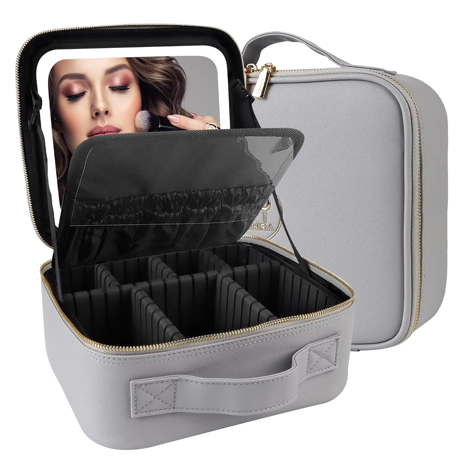 Makeup Bag with Mirror and Light Travel Makeup Train Case Cosmetic Organizer Portable Artist Storage Bag with Adjustable Dividers Makeup Brushes Storage Organizer Black
