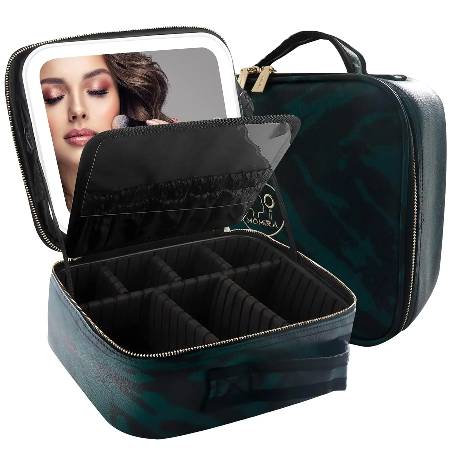 Makeup Bag with Mirror and Light Travel Makeup Train Case Cosmetic Organizer Portable Artist Storage Bag with Adjustable Dividers Makeup Brushes Storage Organizer Black