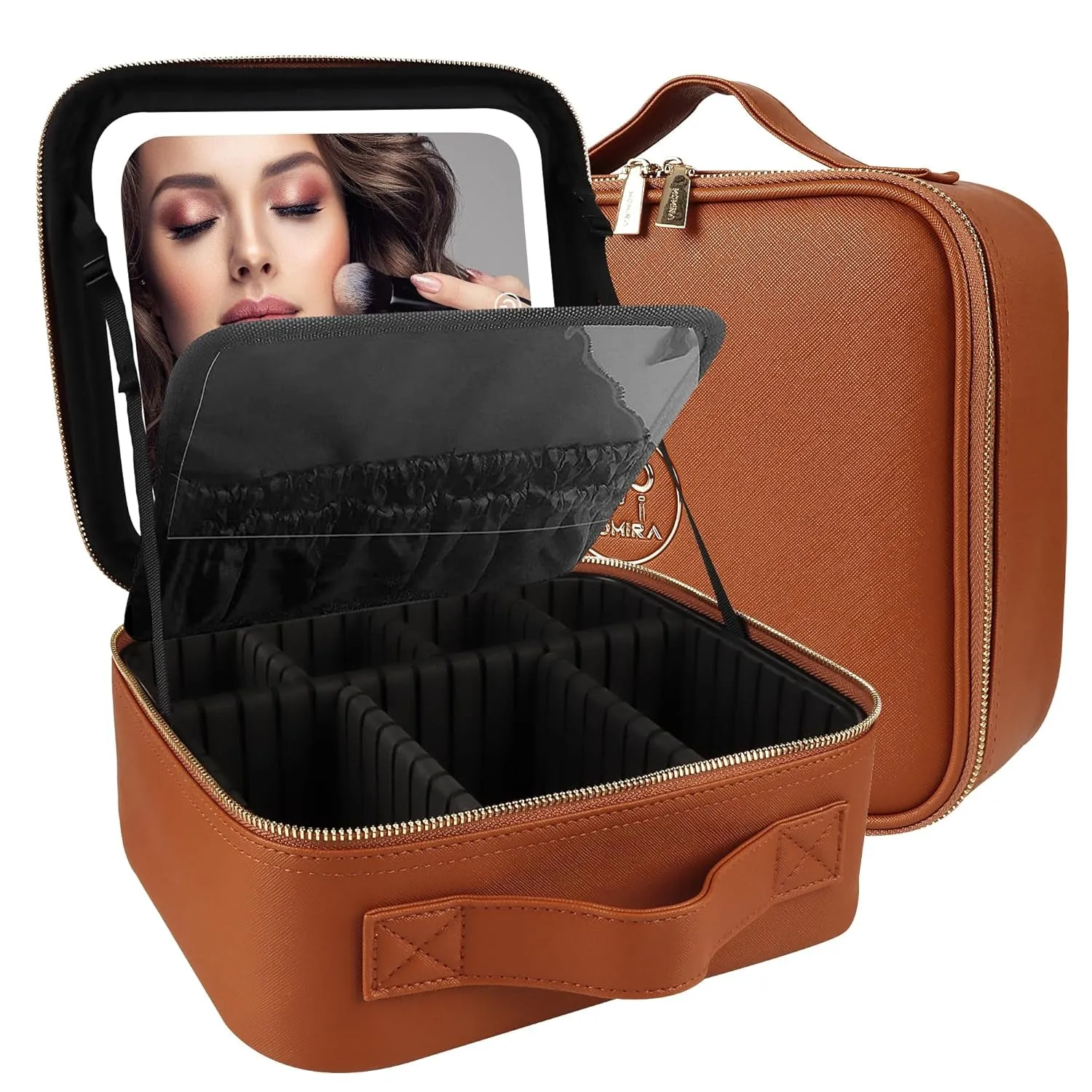 Makeup Bag with Mirror and Light Travel Makeup Train Case Cosmetic Organizer Portable Artist Storage Bag with Adjustable Dividers Makeup Brushes Storage Organizer Black