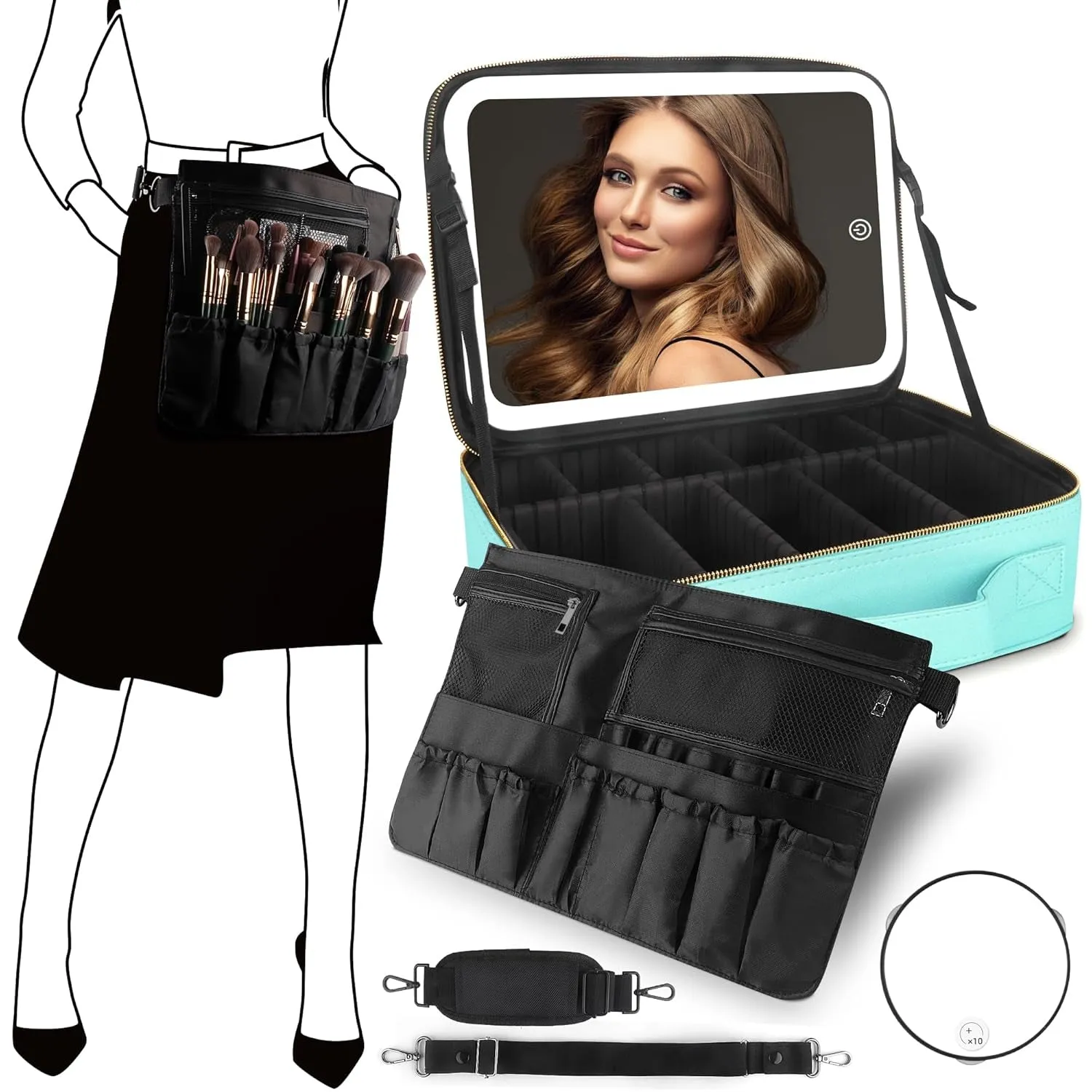 Makeup Bag with Mirror and Light Travel Makeup Train Case Cosmetic Organizer Portable Artist Storage Bag with Adjustable Dividers Makeup Brushes Storage Organizer Black