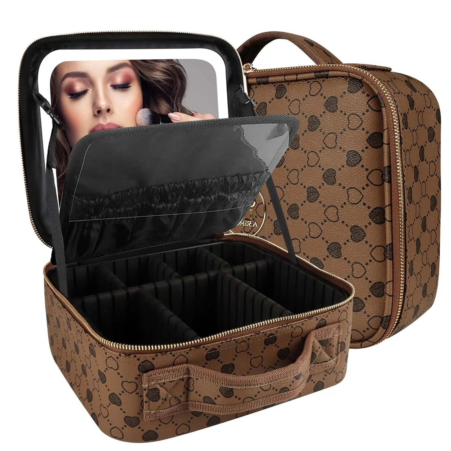 Makeup Bag with Mirror and Light Travel Makeup Train Case Cosmetic Organizer Portable Artist Storage Bag with Adjustable Dividers Makeup Brushes Storage Organizer Black