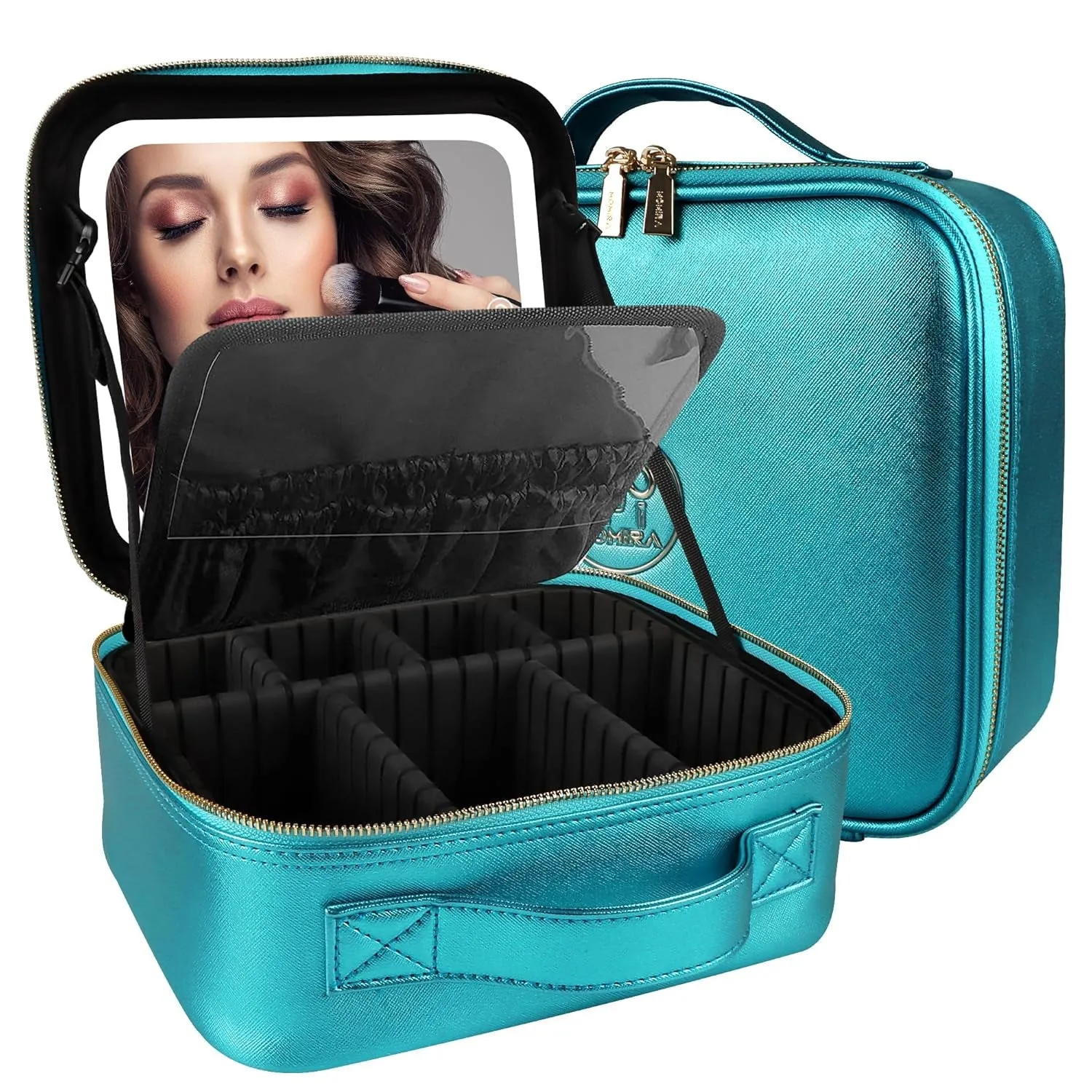 Makeup Bag with Mirror and Light Travel Makeup Train Case Cosmetic Organizer Portable Artist Storage Bag with Adjustable Dividers Makeup Brushes Storage Organizer Black