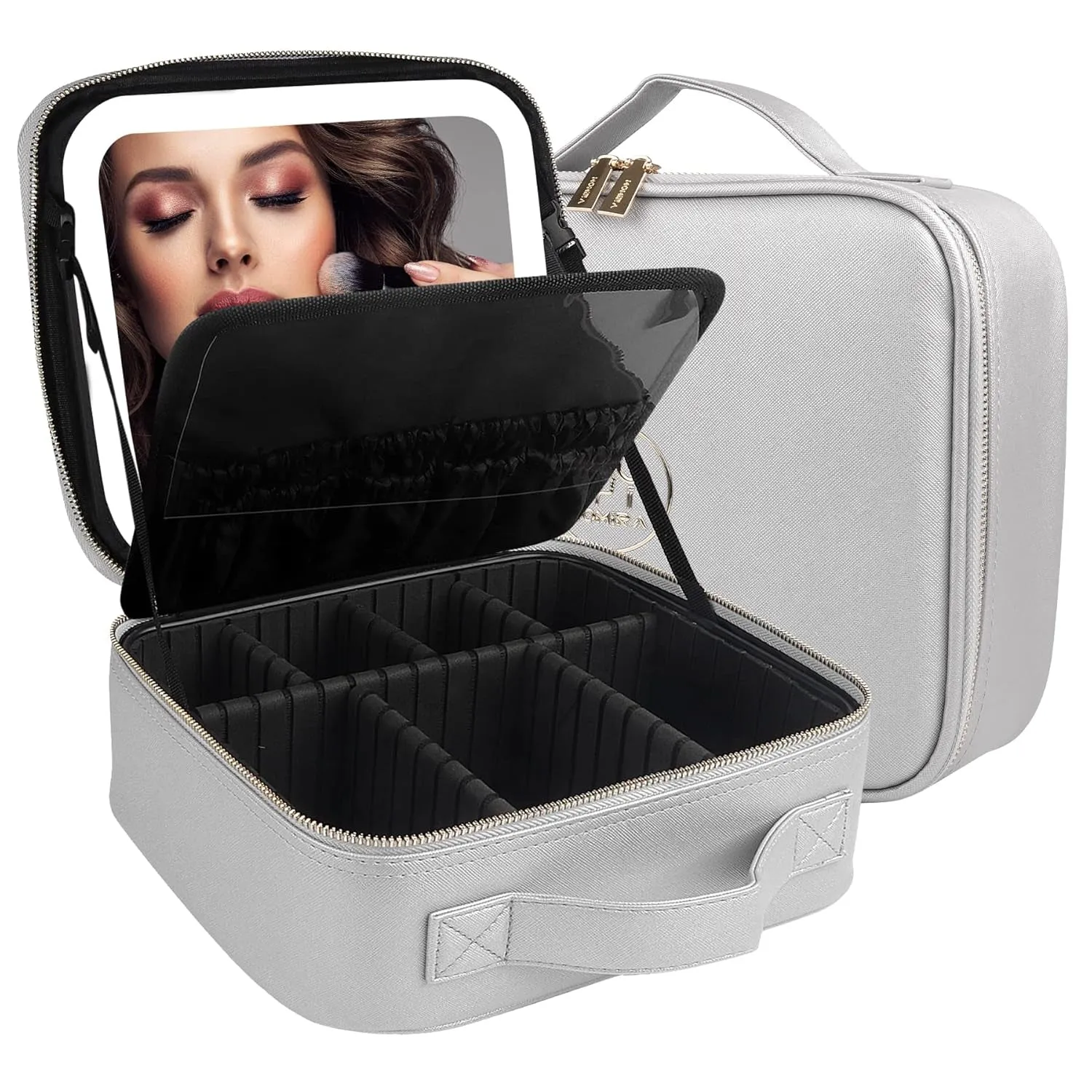 Makeup Bag with Mirror and Light Travel Makeup Train Case Cosmetic Organizer Portable Artist Storage Bag with Adjustable Dividers Makeup Brushes Storage Organizer Black