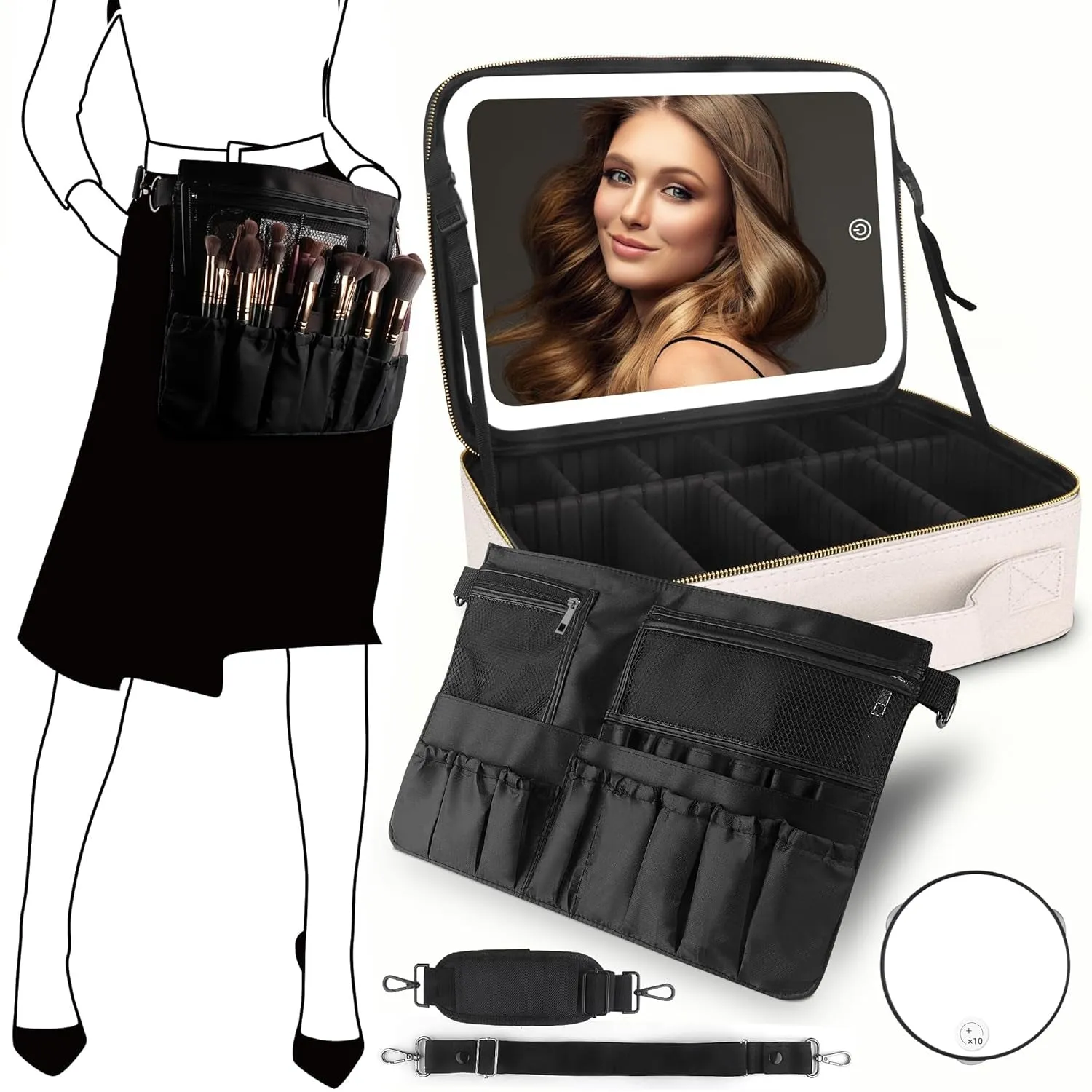 Makeup Bag with Mirror and Light Travel Makeup Train Case Cosmetic Organizer Portable Artist Storage Bag with Adjustable Dividers Makeup Brushes Storage Organizer Black