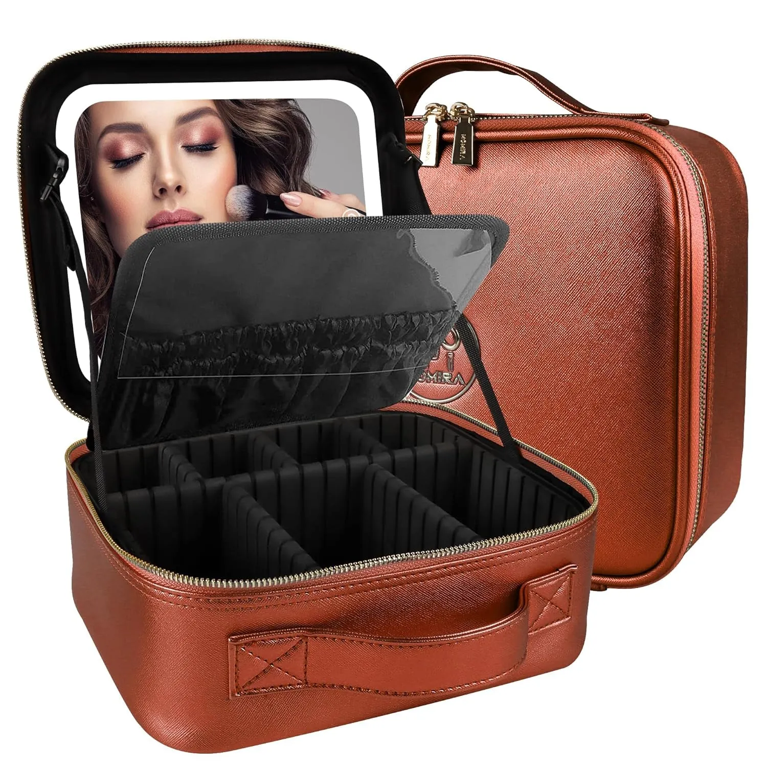 Makeup Bag with Mirror and Light Travel Makeup Train Case Cosmetic Organizer Portable Artist Storage Bag with Adjustable Dividers Makeup Brushes Storage Organizer Black