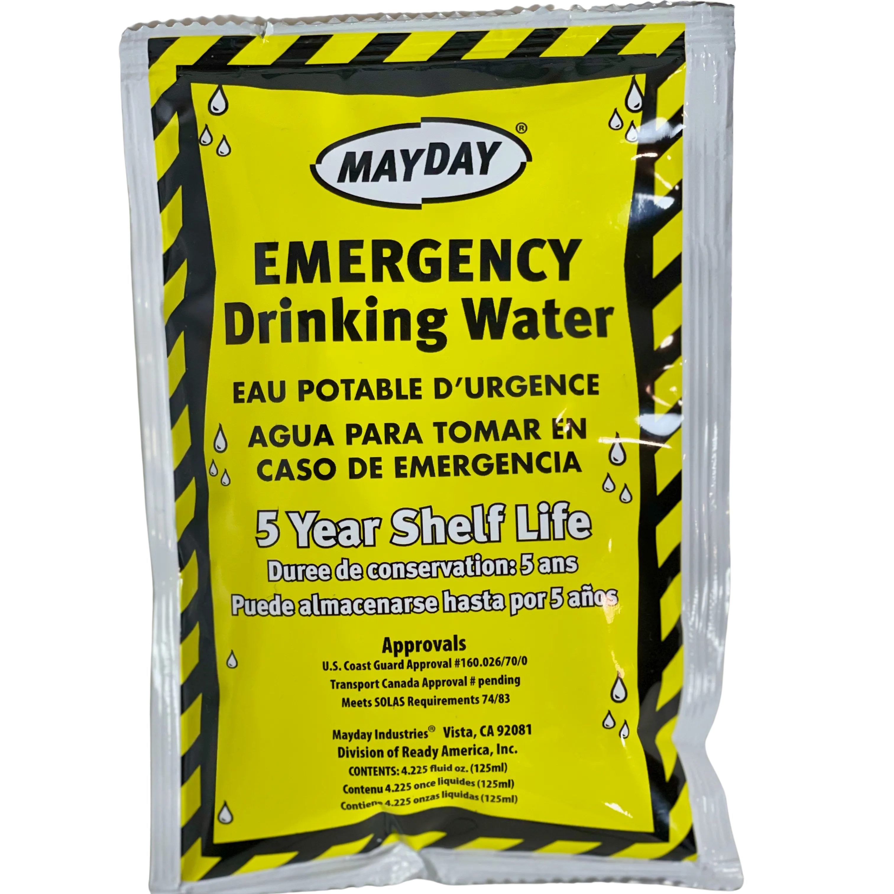 Mayday Emergency Hydration Pouches: 5-Year Shelf Life Water (125 ml/4.225 oz)