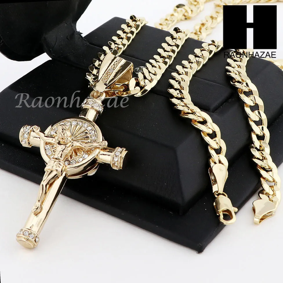 MENS ANCHOR CROSS PENDANT & DIAMOND CUT CUBAN LINK CHAIN NECKLACE N57