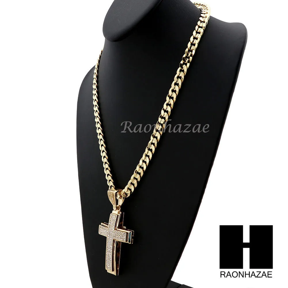 MENS LARGE CROSS PENDANT & DIAMOND CUT CUBAN LINK CHAIN NECKLACE NN50