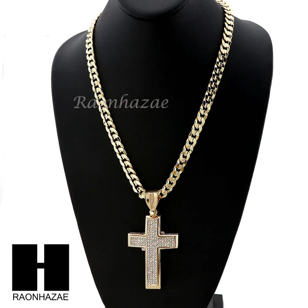 MENS LARGE CROSS PENDANT & DIAMOND CUT CUBAN LINK CHAIN NECKLACE NN50