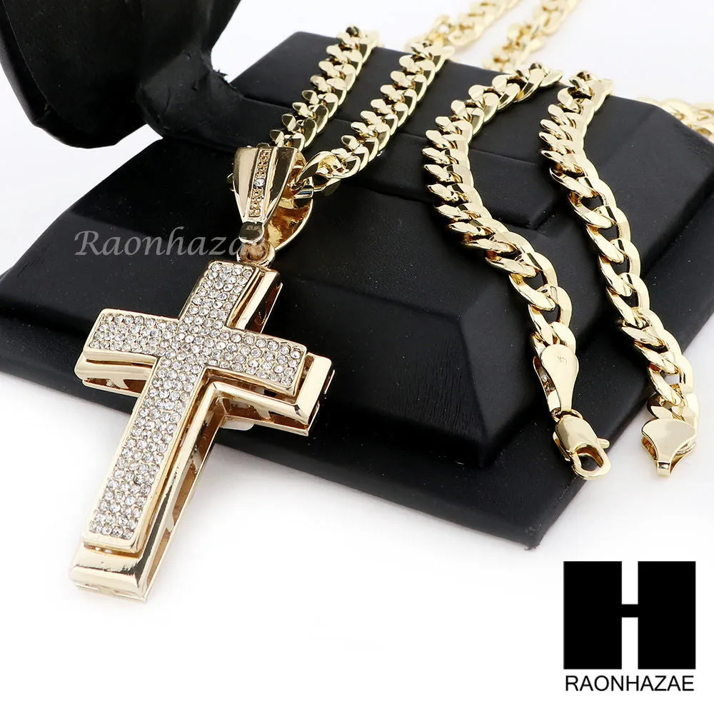MENS LARGE CROSS PENDANT & DIAMOND CUT CUBAN LINK CHAIN NECKLACE NN50