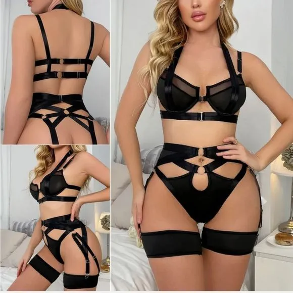 Mesh Sheer Bralette Cutout Thong Garter Belt Thigh Strap 3 Pcs Sexy Lingerie Set