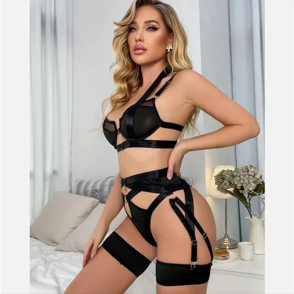 Mesh Sheer Bralette Cutout Thong Garter Belt Thigh Strap 3 Pcs Sexy Lingerie Set