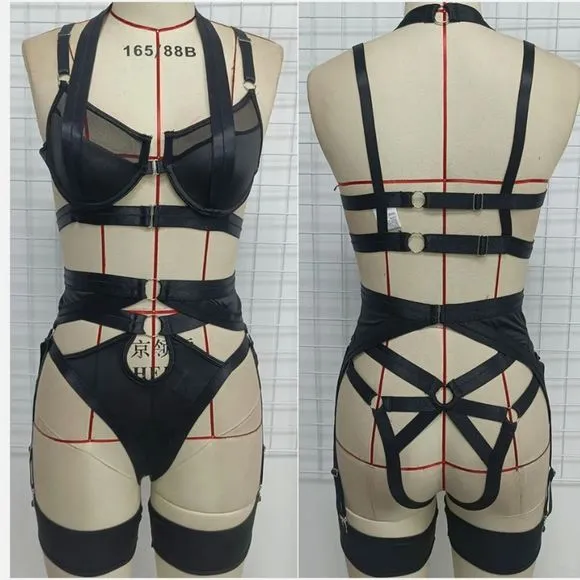 Mesh Sheer Bralette Cutout Thong Garter Belt Thigh Strap 3 Pcs Sexy Lingerie Set