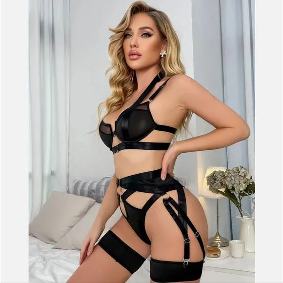 Mesh Sheer Bralette Cutout Thong Garter Belt Thigh Strap 3 Pcs Sexy Lingerie Set