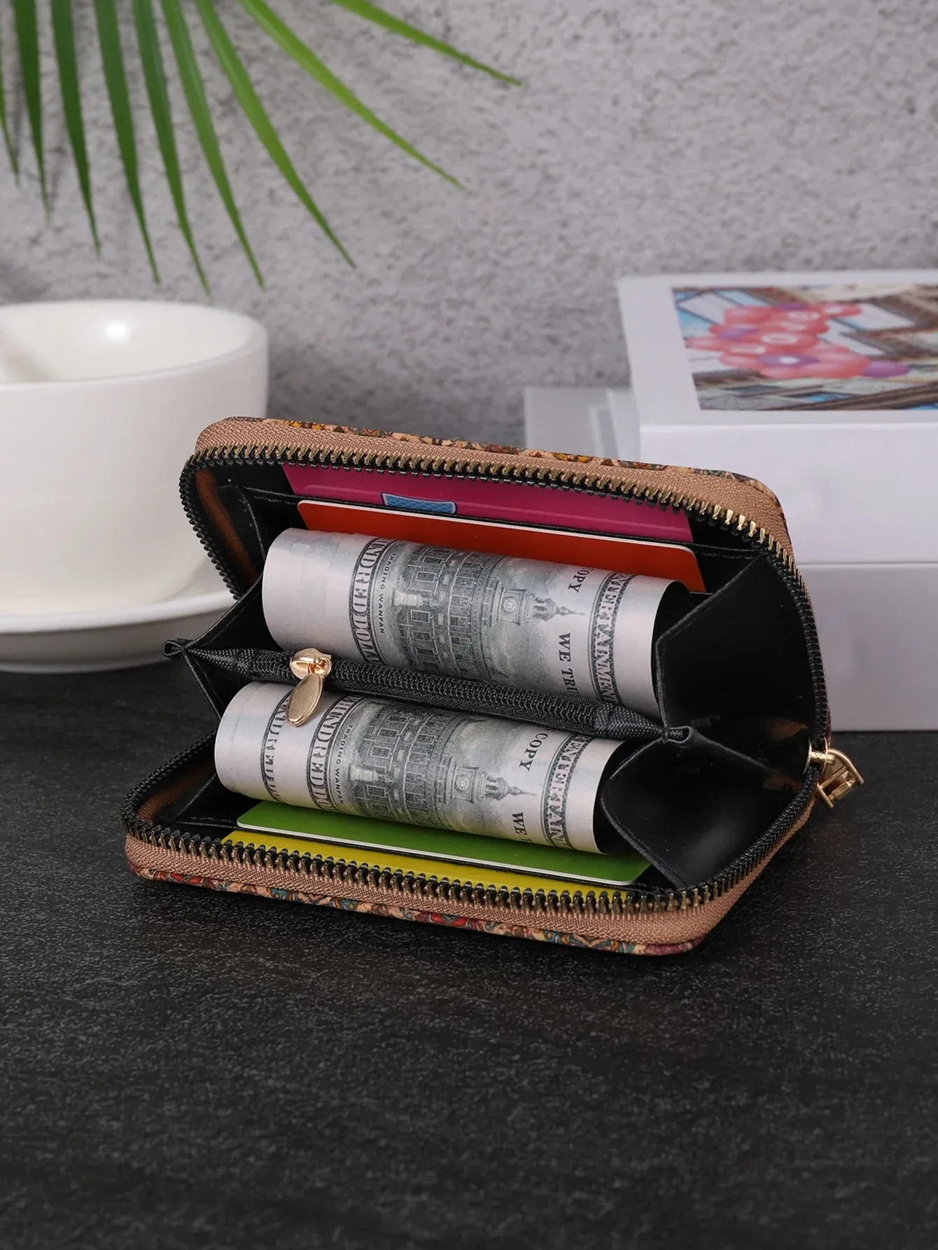 Multifunctional Bohemian style short women's wallet wood grain multi card slot wallet large capacity portable car