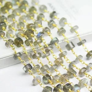Natural Blue Flashy Labradorite Smooth Tyre Gold Plated Brass Link Chain 5 x 14" 6mm
