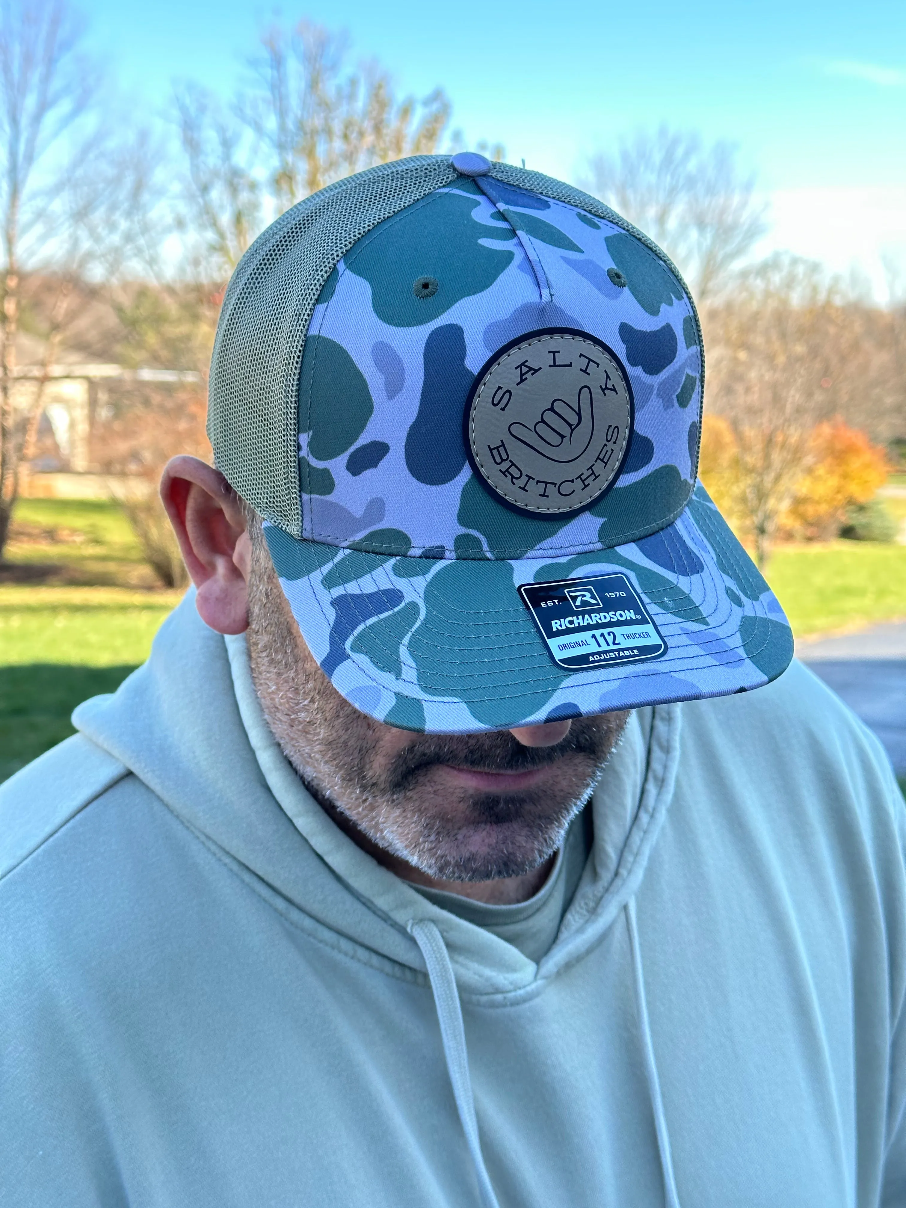 NEW Old School Green Duck Camo with Leather Patch Hat
