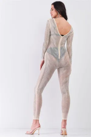 Nude Rhinestone Embroidery Sheer Mesh Long Sleeve Bodycon Jumpsuit