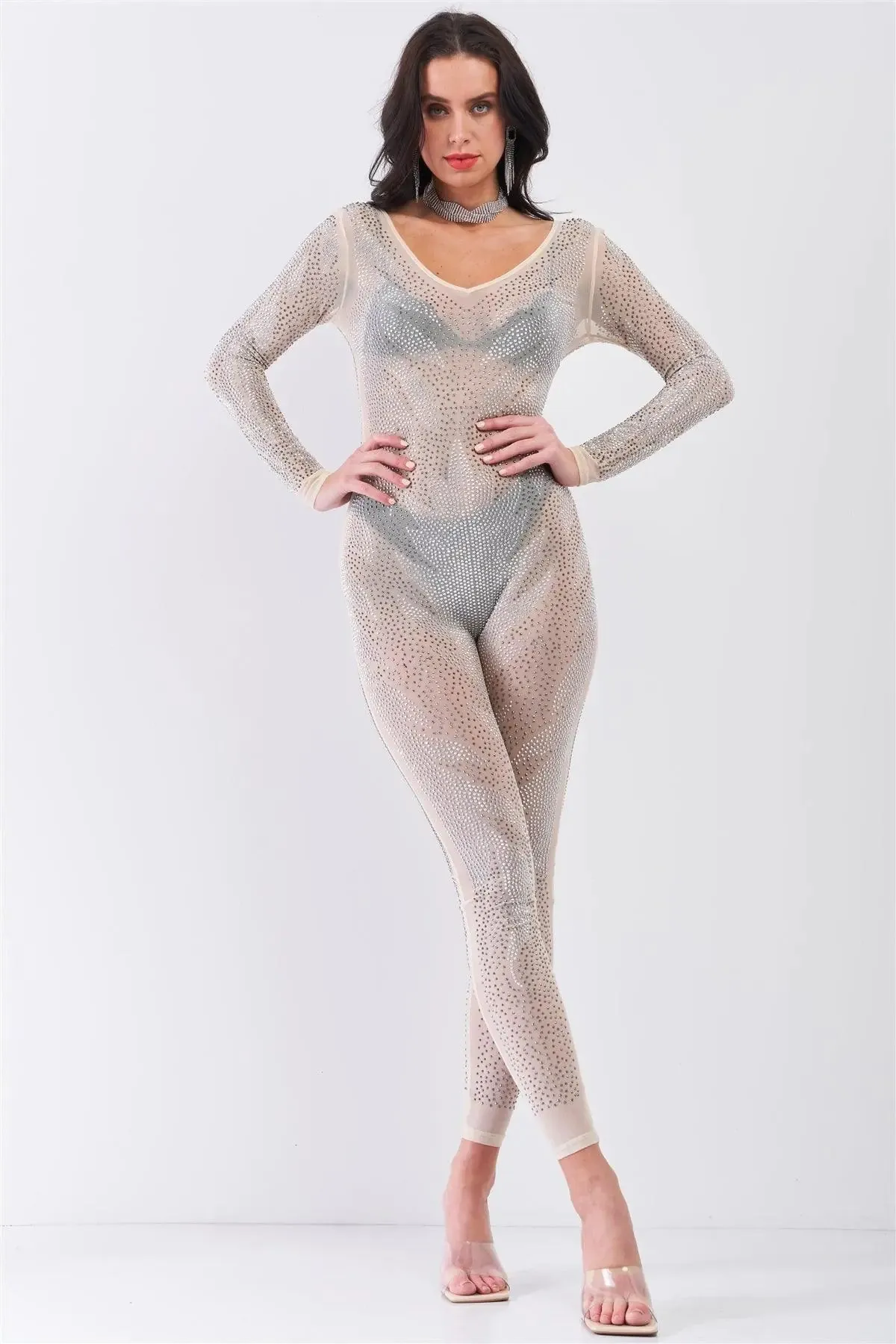 Nude Rhinestone Embroidery Sheer Mesh Long Sleeve Bodycon Jumpsuit