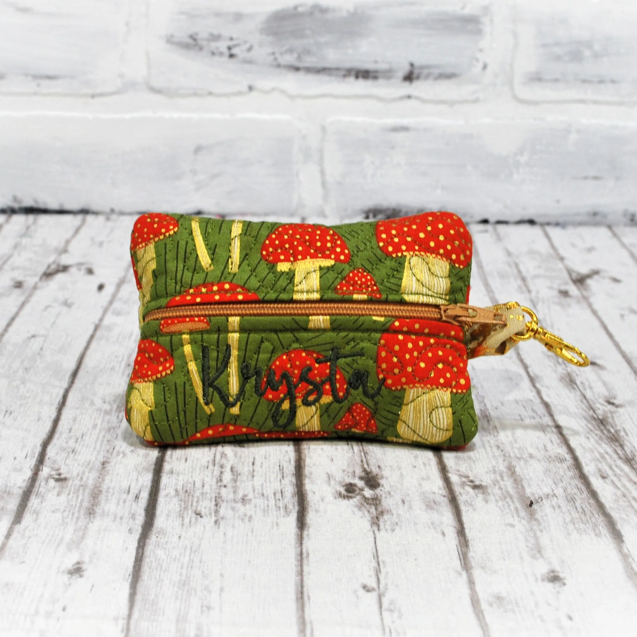 Olive and Gold Mushrooms Personalized Quilted Pouch