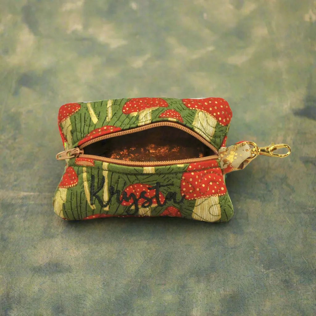 Olive and Gold Mushrooms Personalized Quilted Pouch