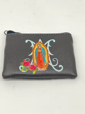 Our Lady of Guadalupe Black Leatherette Rosary Pouch