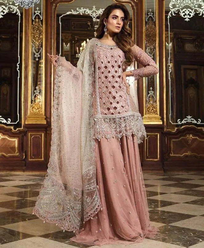 Pakistani Bridal Sharara In Light Baby Pink Color Model# C 1722