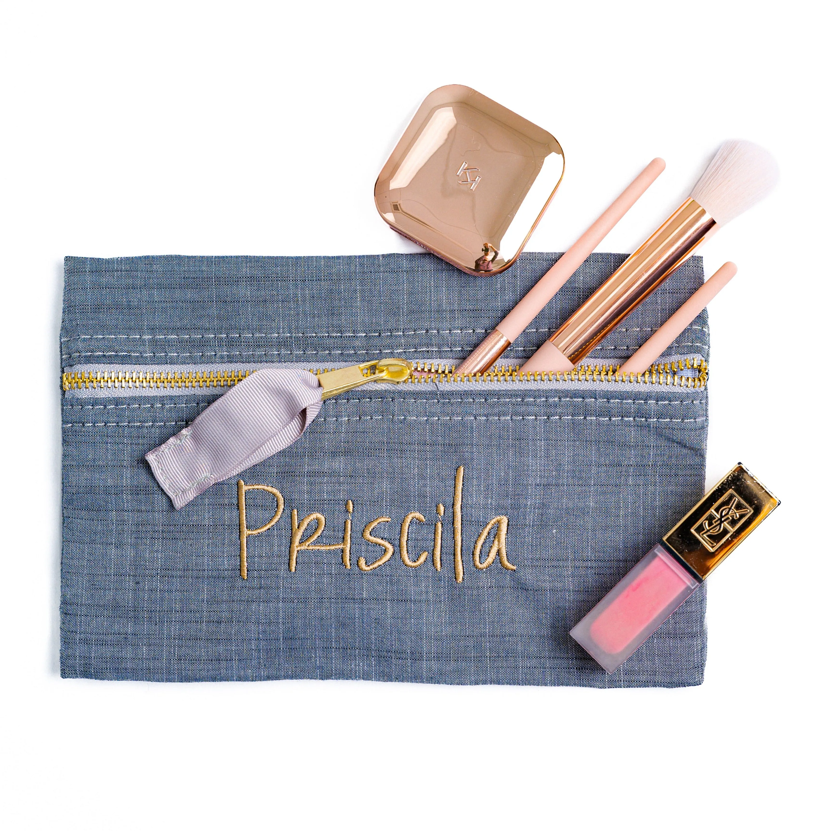 Personalized Chambray Grey Flat Pouch