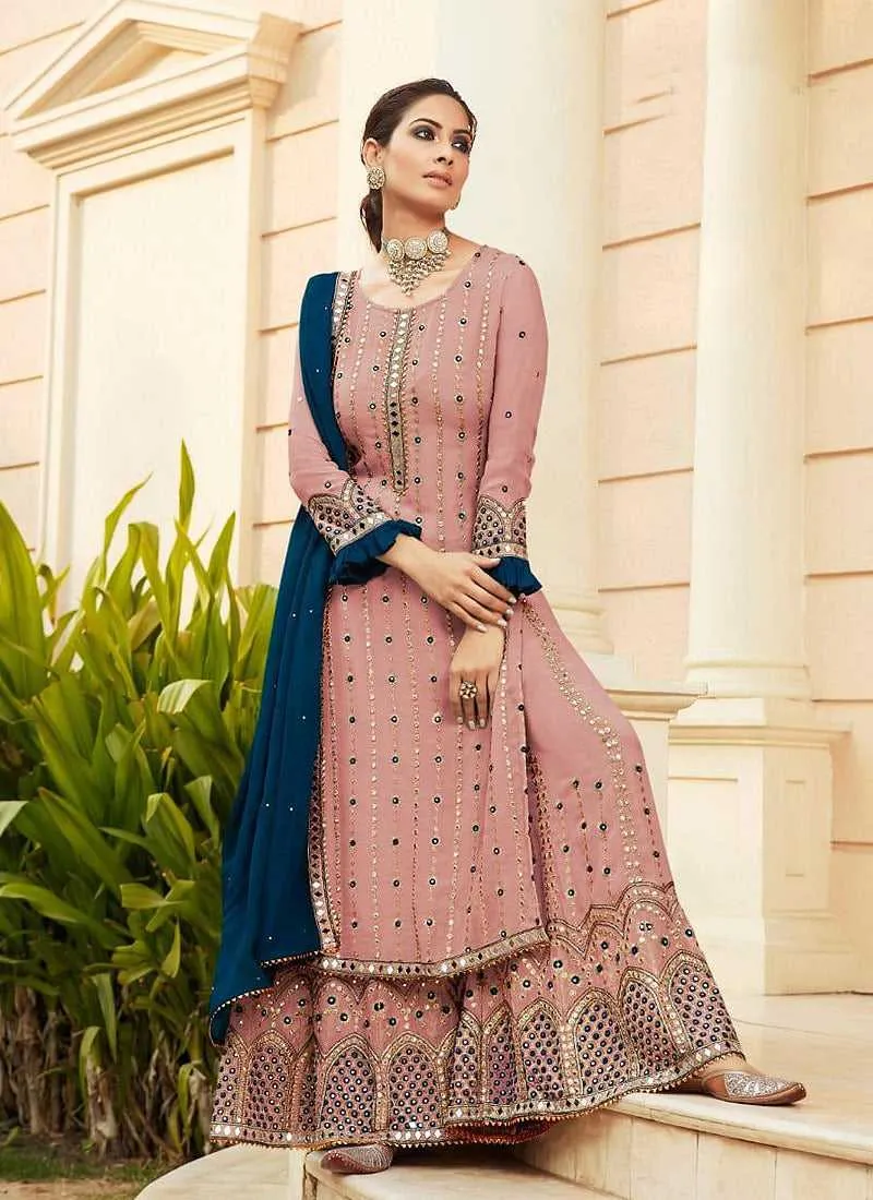 Pink Embroidered Mirror Work Palazzo Style Suit