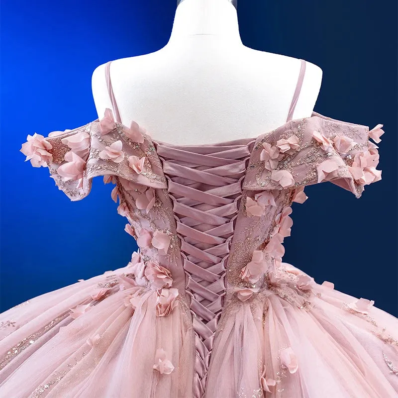 Pink Romantic Floor Length Ball Gown Flower Appliques Spaghetti Straps Quinceanera Dresses