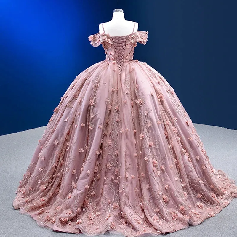 Pink Romantic Floor Length Ball Gown Flower Appliques Spaghetti Straps Quinceanera Dresses