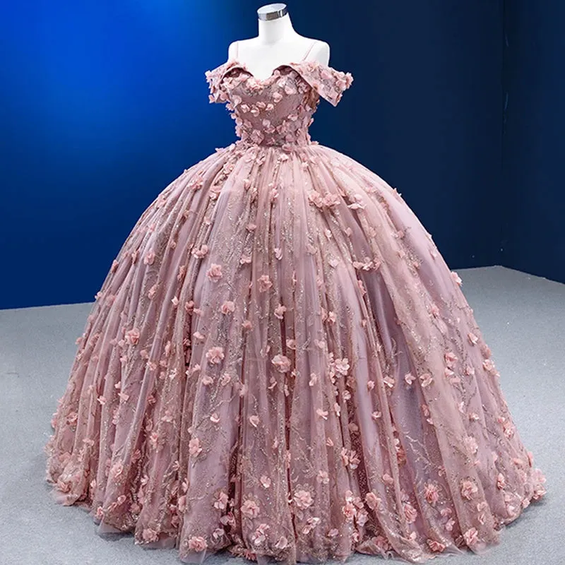 Pink Romantic Floor Length Ball Gown Flower Appliques Spaghetti Straps Quinceanera Dresses