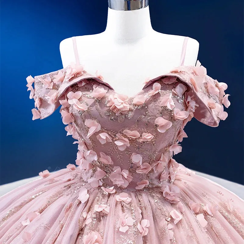 Pink Romantic Floor Length Ball Gown Flower Appliques Spaghetti Straps Quinceanera Dresses