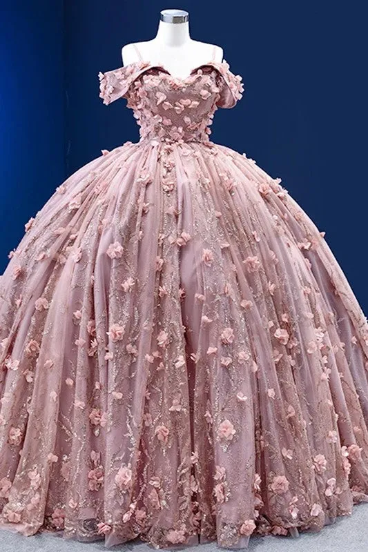 Pink Romantic Floor Length Ball Gown Flower Appliques Spaghetti Straps Quinceanera Dresses