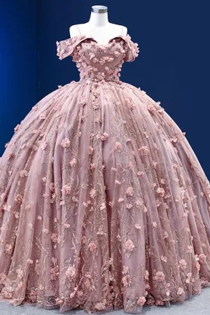 Pink Romantic Floor Length Ball Gown Flower Appliques Spaghetti Straps Quinceanera Dresses