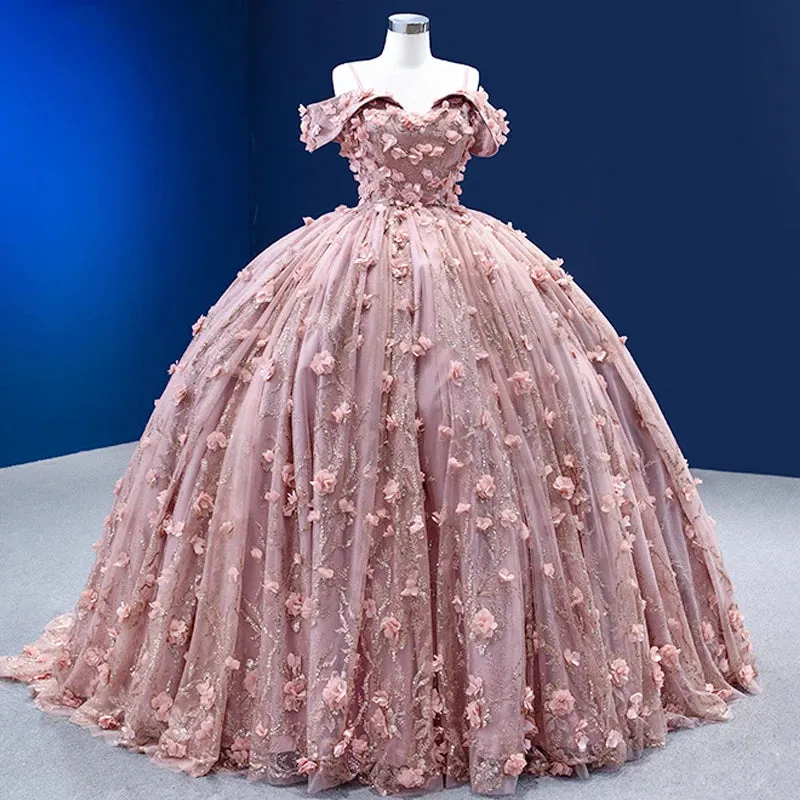 Pink Romantic Floor Length Ball Gown Flower Appliques Spaghetti Straps Quinceanera Dresses