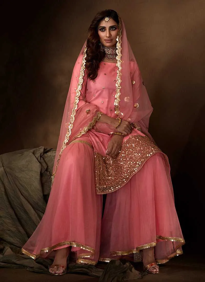 Pink Sequins Work Embroidered Gharara Style Suit