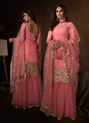 Pink Sequins Work Embroidered Gharara Style Suit