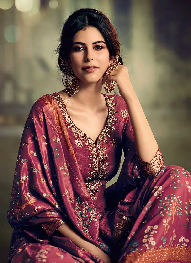 Pink Silk Work Printed Gharara Style Suit