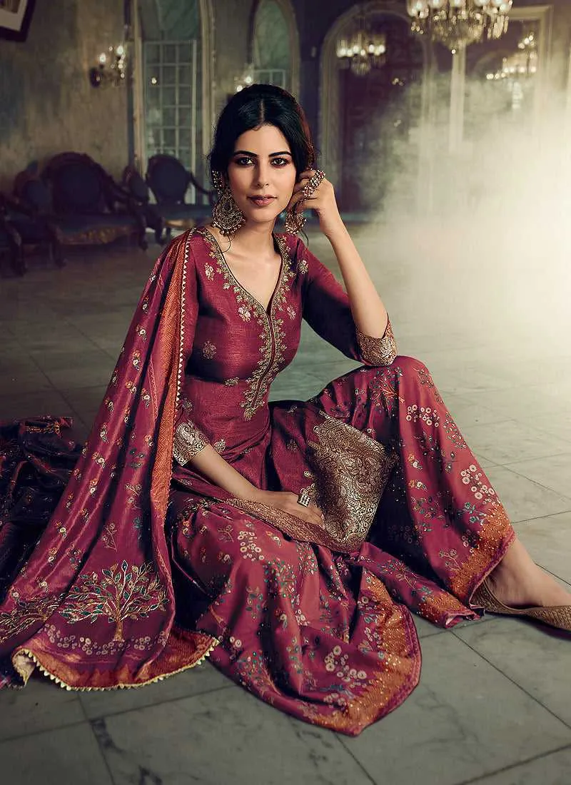 Pink Silk Work Printed Gharara Style Suit