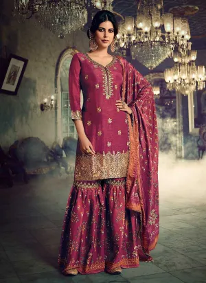 Pink Silk Work Printed Gharara Style Suit