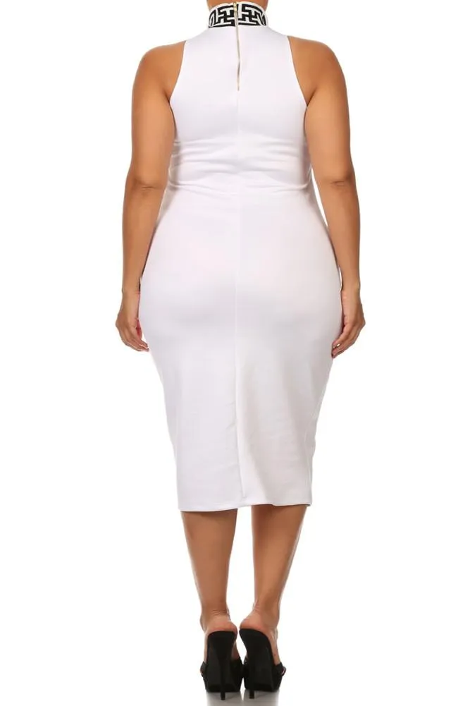 Plus Size Mod Maze Print High-Neck Midi White Dress