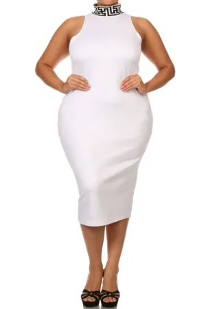 Plus Size Mod Maze Print High-Neck Midi White Dress