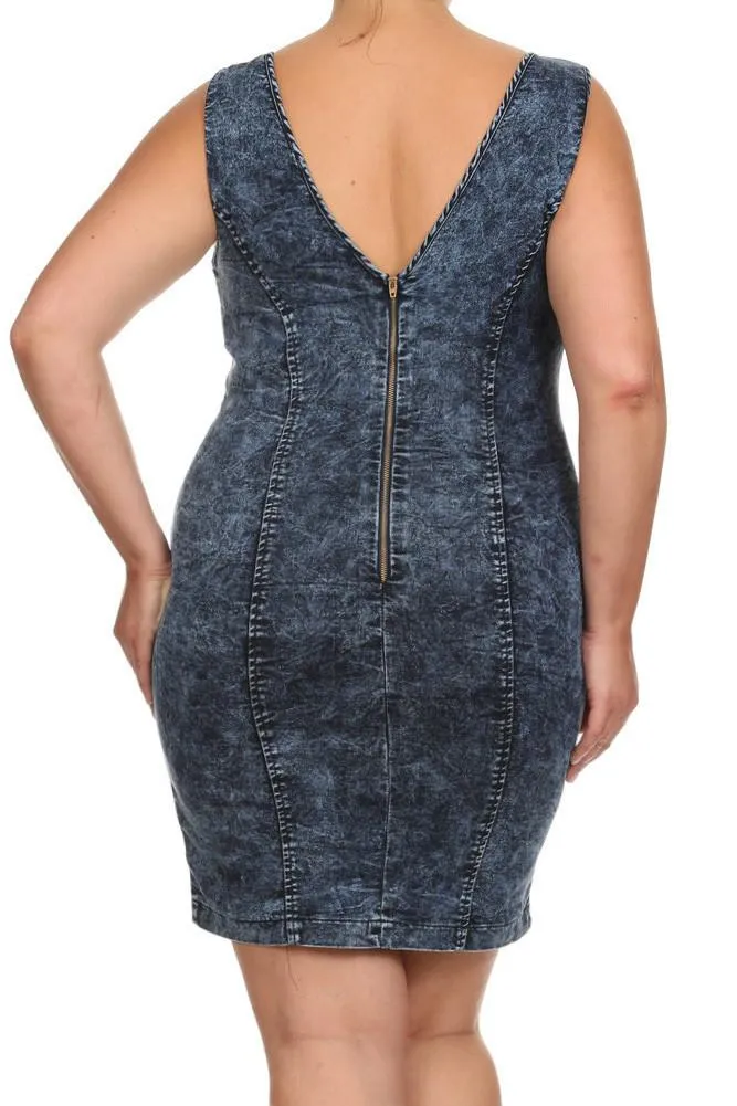 Plus Size Sexy Acid Wash Denim Mesh Dress