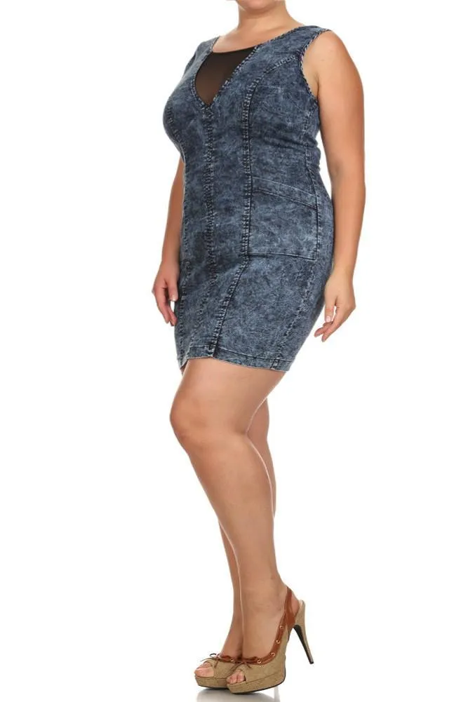 Plus Size Sexy Acid Wash Denim Mesh Dress
